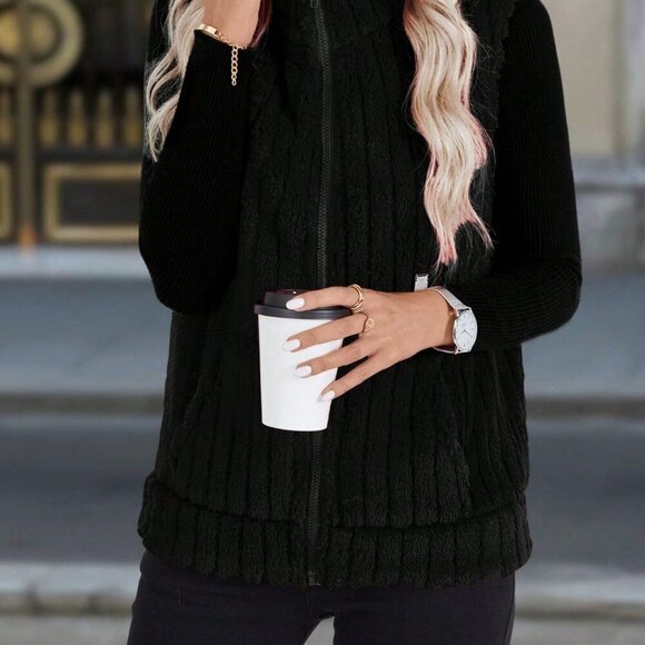 Black Casual Women's Zip-Up Stand Collar Vest Jacket - Picture 6 of 6